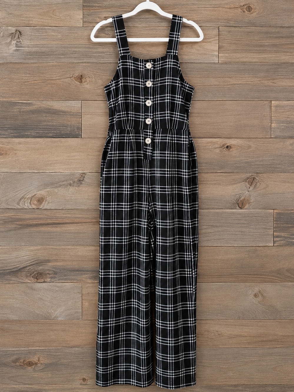 American Eagle Black White Plaid Button-Front Jumpsuit XS Fall Layering Holiday